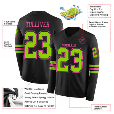 Custom Black Neon Green-Pink Long Sleeve Authentic Football Jersey