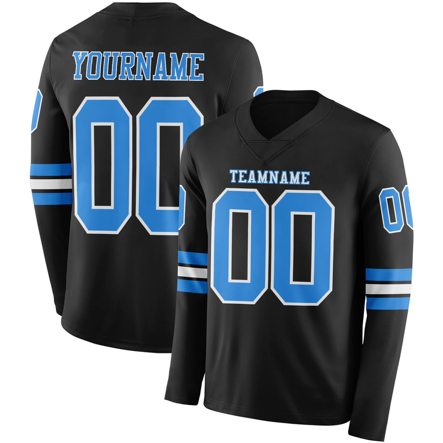 Custom Black Powder Blue-White Long Sleeve Authentic Football Jersey