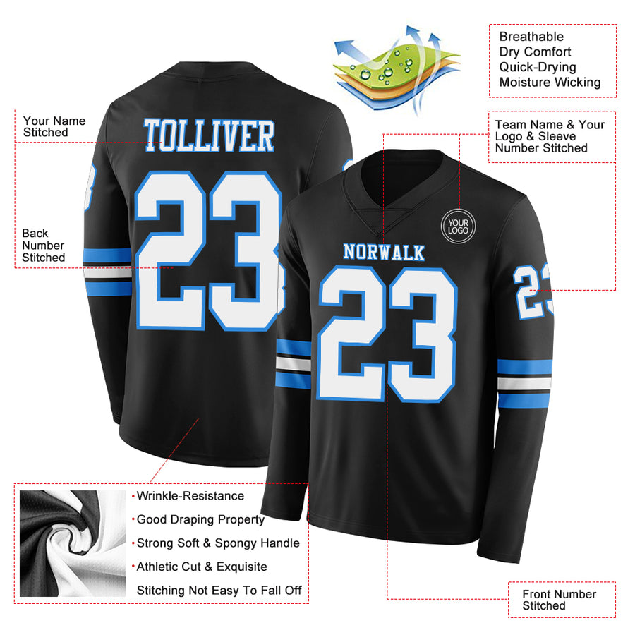 Custom Black White-Powder Blue Long Sleeve Authentic Football Jersey