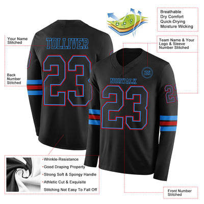 Custom Black Powder Blue-Red Long Sleeve Authentic Football Jersey