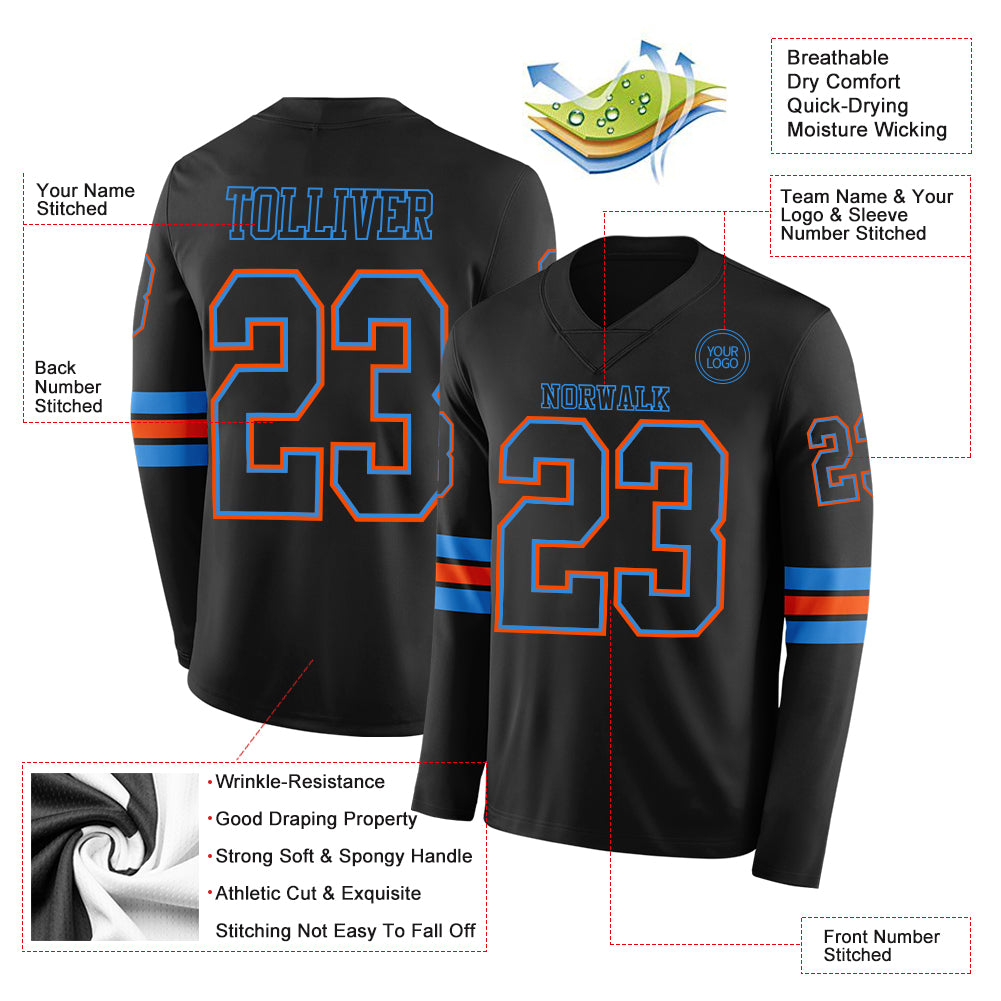 Custom Black Powder Blue-Orange Long Sleeve Authentic Football Jersey