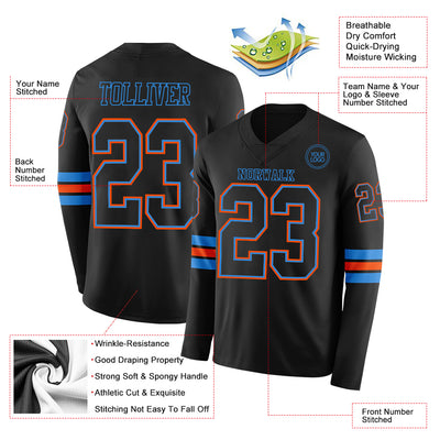 Custom Black Powder Blue-Orange Long Sleeve Authentic Football Jersey