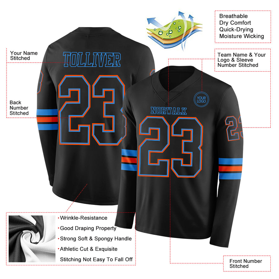Custom Black Powder Blue-Orange Long Sleeve Authentic Football Jersey