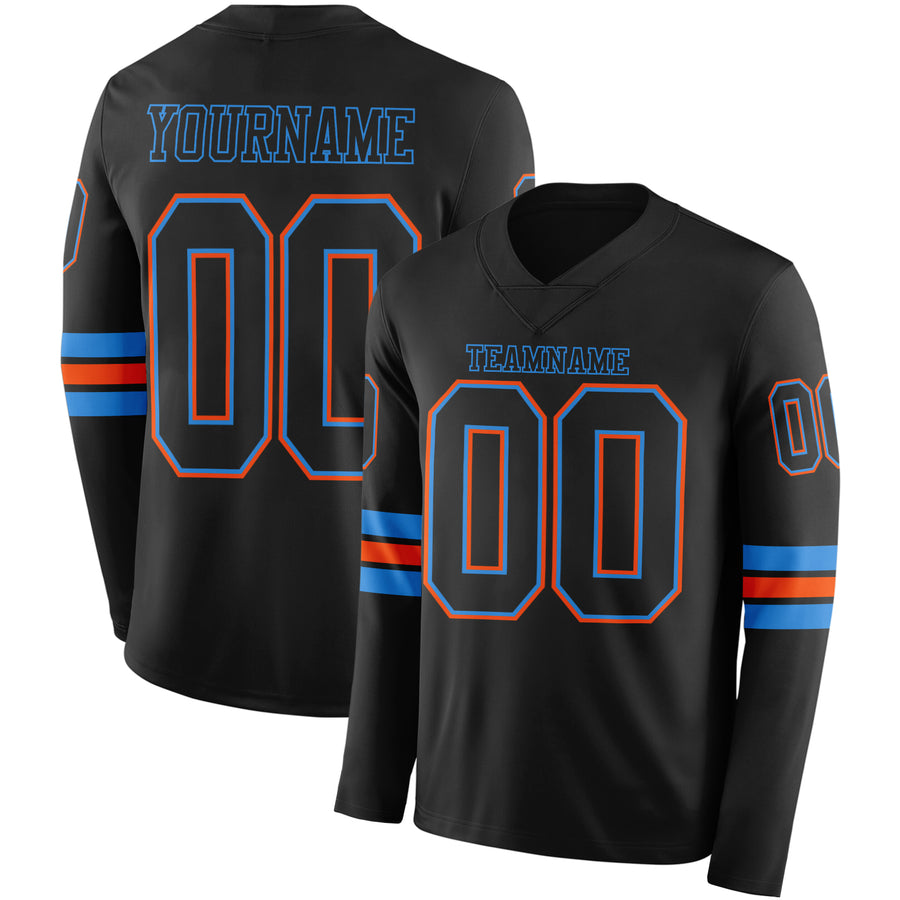 Custom Black Powder Blue-Orange Long Sleeve Authentic Football Jersey