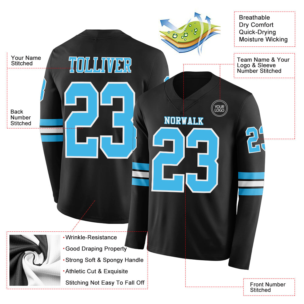 Custom Black Sky Blue-White Long Sleeve Authentic Football Jersey
