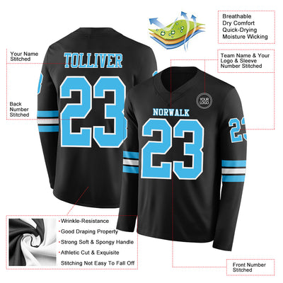 Custom Black Sky Blue-White Long Sleeve Authentic Football Jersey