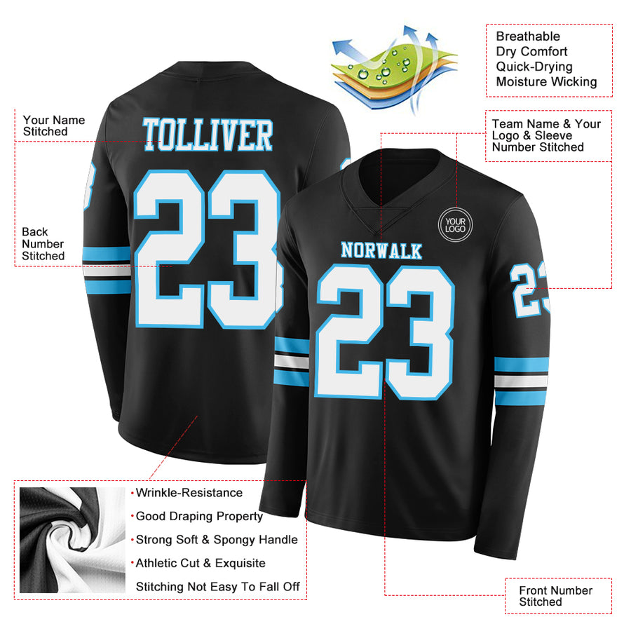 Custom Black White-Sky Blue Long Sleeve Authentic Football Jersey