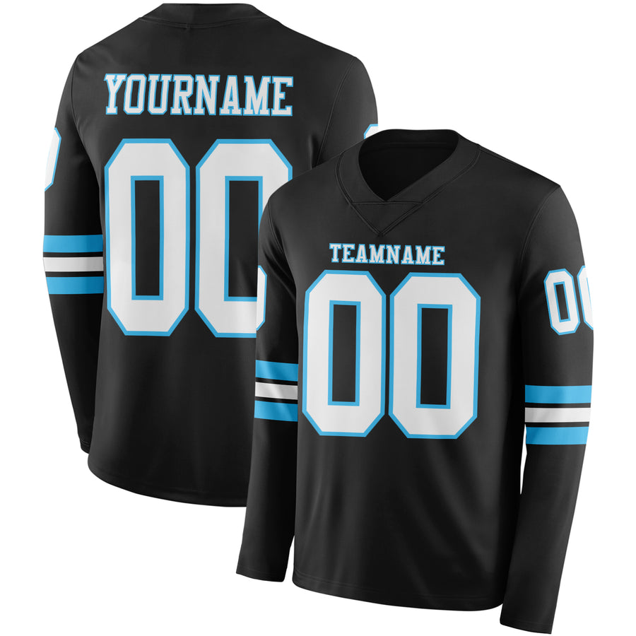 Custom Black White-Sky Blue Long Sleeve Authentic Football Jersey