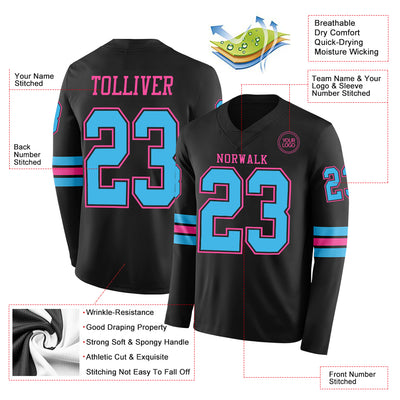 Custom Black Sky Blue-Pink Long Sleeve Authentic Football Jersey