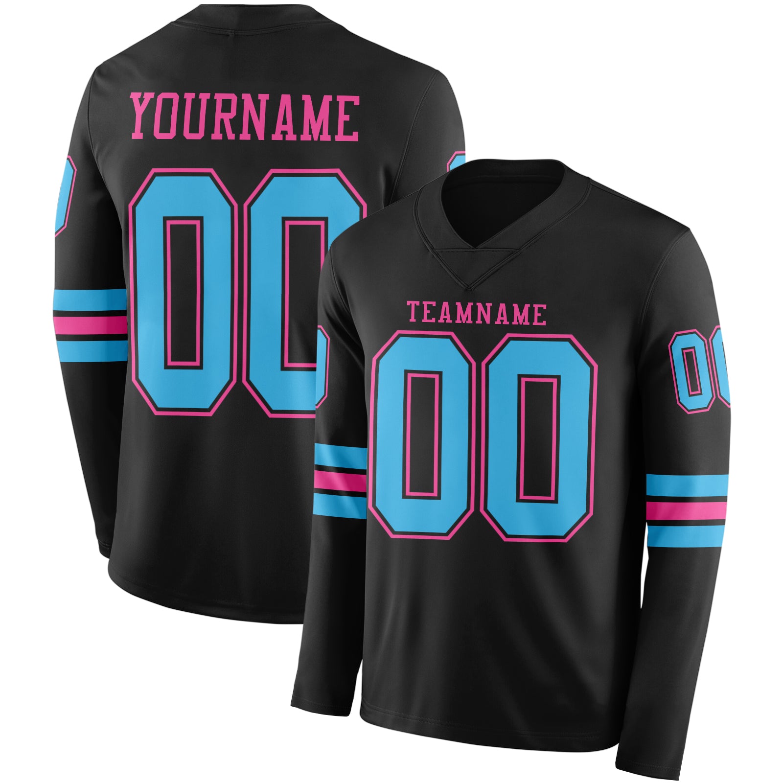 Custom Black Sky Blue-Pink Long Sleeve Authentic Football Jersey