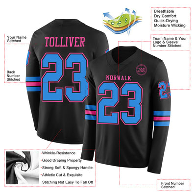 Custom Black Powder Blue-Pink Long Sleeve Authentic Football Jersey