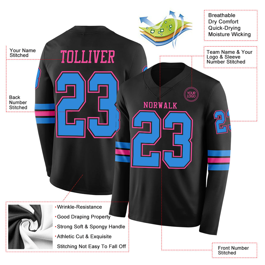 Custom Black Powder Blue-Pink Long Sleeve Authentic Football Jersey