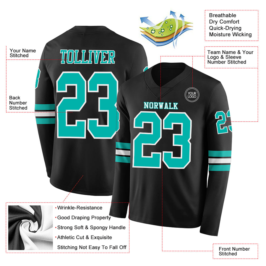 Custom Black Aqua-White Long Sleeve Authentic Football Jersey