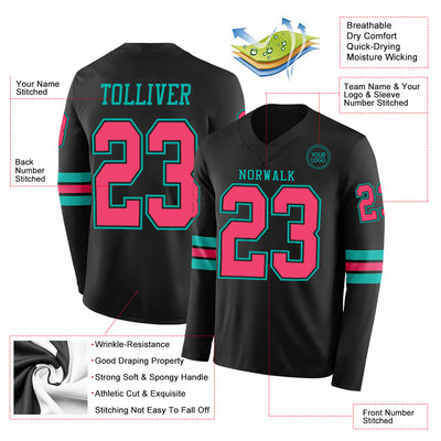 Custom Black Neon Pink-Aqua Long Sleeve Authentic Football Jersey