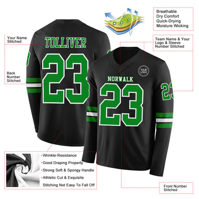 Custom Black Grass Green-White Long Sleeve Authentic Football Jersey