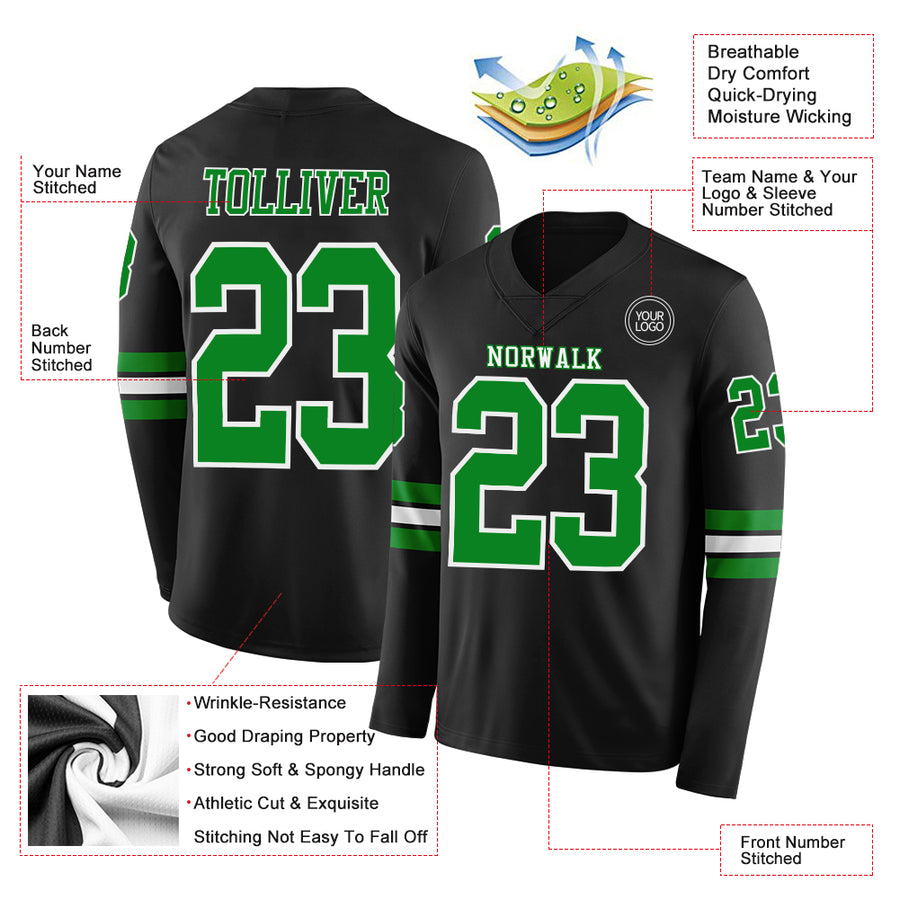 Custom Black Grass Green-White Long Sleeve Authentic Football Jersey
