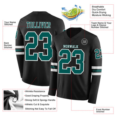 Custom Black Midnight Green-White Long Sleeve Authentic Football Jersey