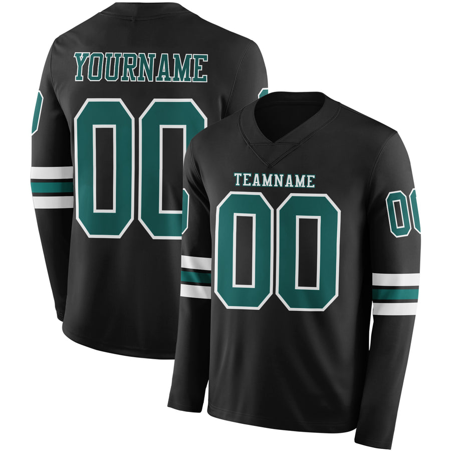 Custom Black Midnight Green-White Long Sleeve Authentic Football Jersey