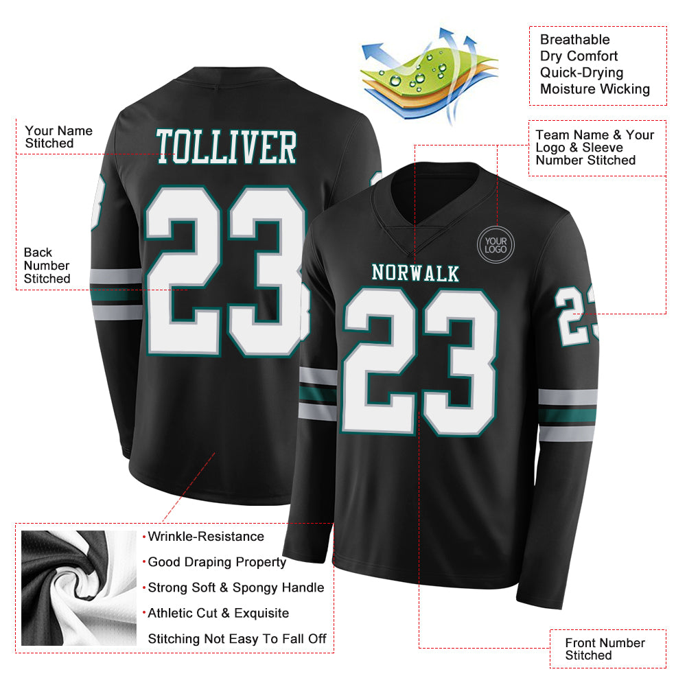 Custom Black White Gray-Midnight Green Long Sleeve Authentic Football Jersey