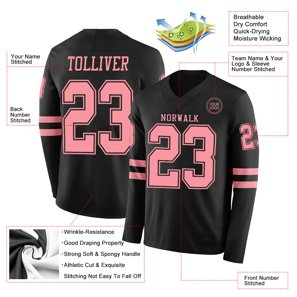 Custom Black Medium Pink Long Sleeve Authentic Football Jersey