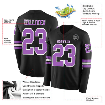 Custom Black Medium Purple-White Long Sleeve Authentic Football Jersey