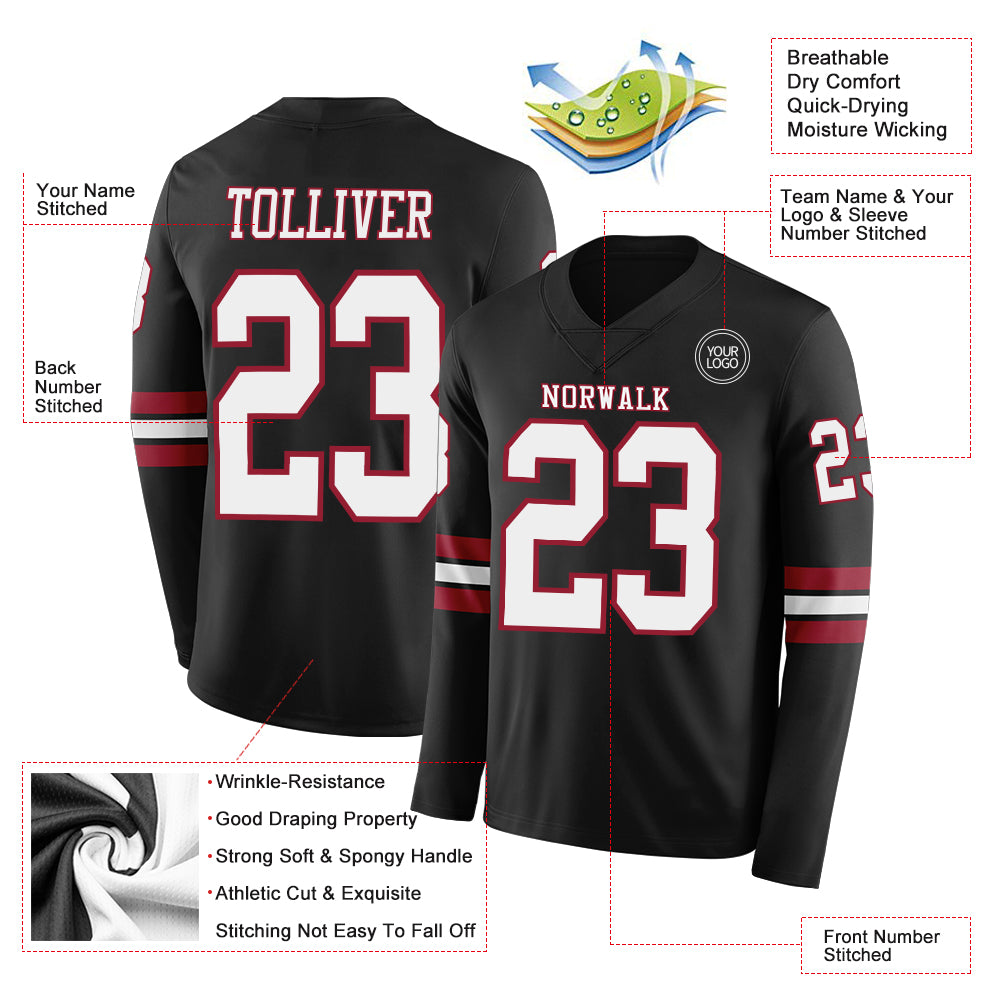 Custom Black White-Cardinal Long Sleeve Authentic Football Jersey