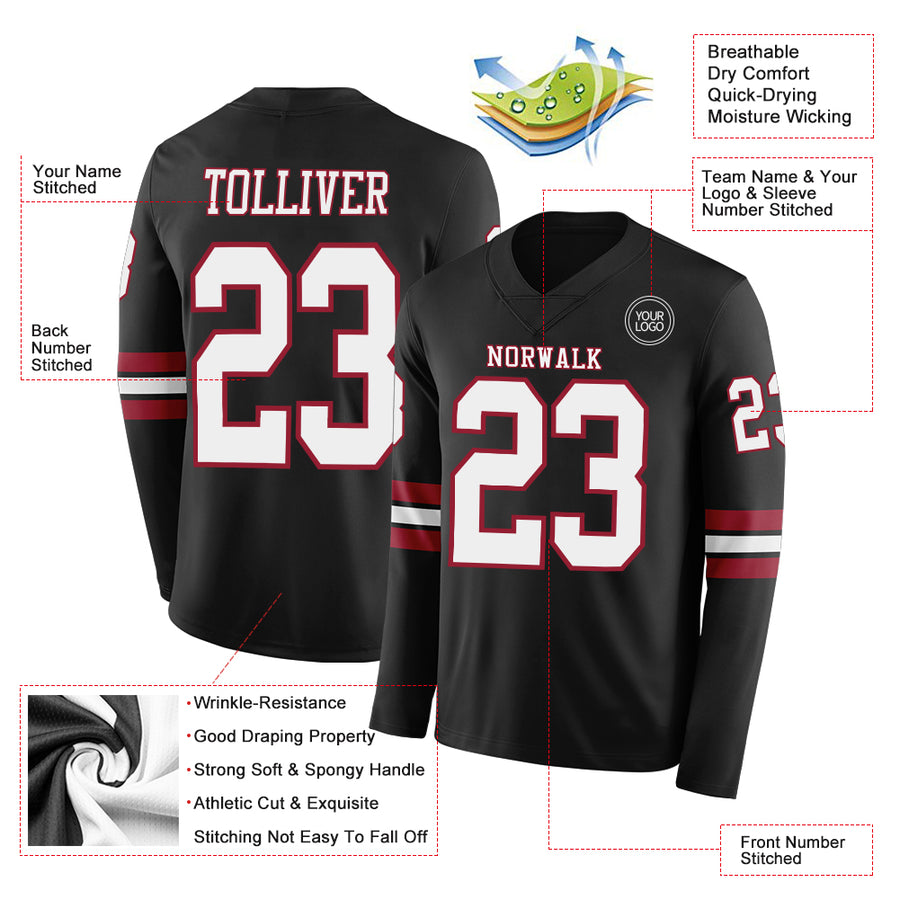Custom Black White-Cardinal Long Sleeve Authentic Football Jersey