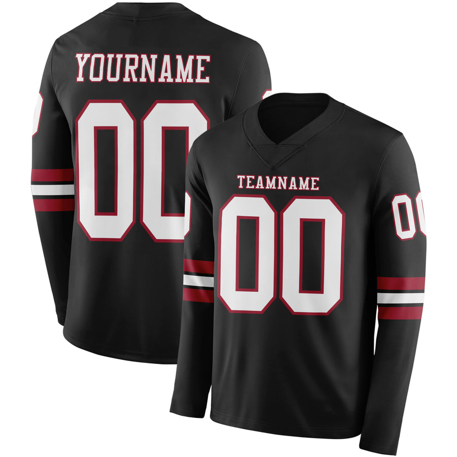 Custom Black White-Cardinal Long Sleeve Authentic Football Jersey