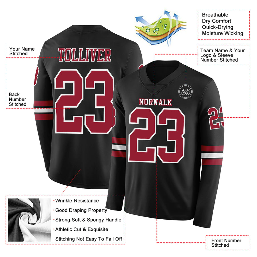 Custom Black Cardinal-White Long Sleeve Authentic Football Jersey