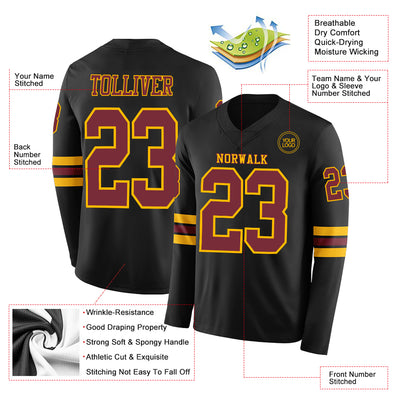 Custom Black Cardinal-Gold Long Sleeve Authentic Football Jersey
