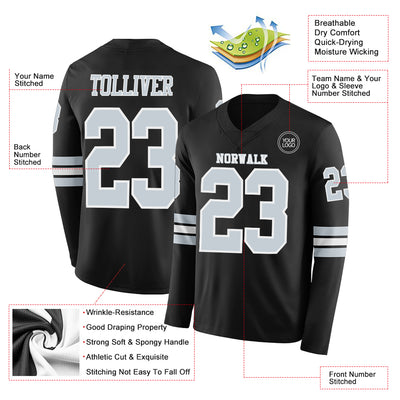 Custom Black Silver-White Long Sleeve Authentic Football Jersey