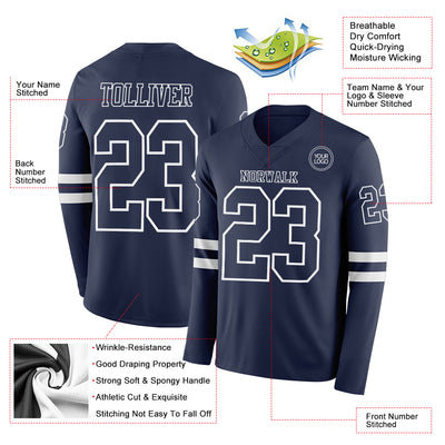 Custom Navy White Long Sleeve Authentic Football Jersey