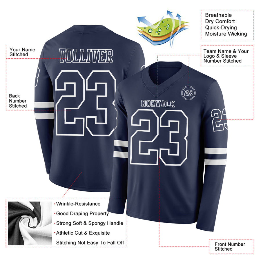 Custom Navy White Long Sleeve Authentic Football Jersey