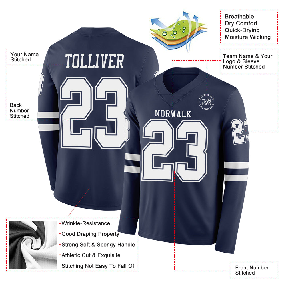 Custom Navy White Long Sleeve Authentic Football Jersey
