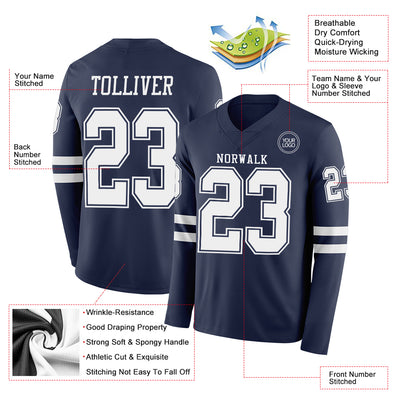 Custom Navy White Long Sleeve Authentic Football Jersey