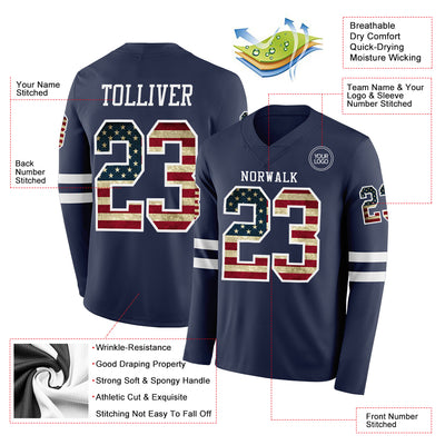 Custom Navy Vintage USA Flag-White Long Sleeve Authentic Football Jersey
