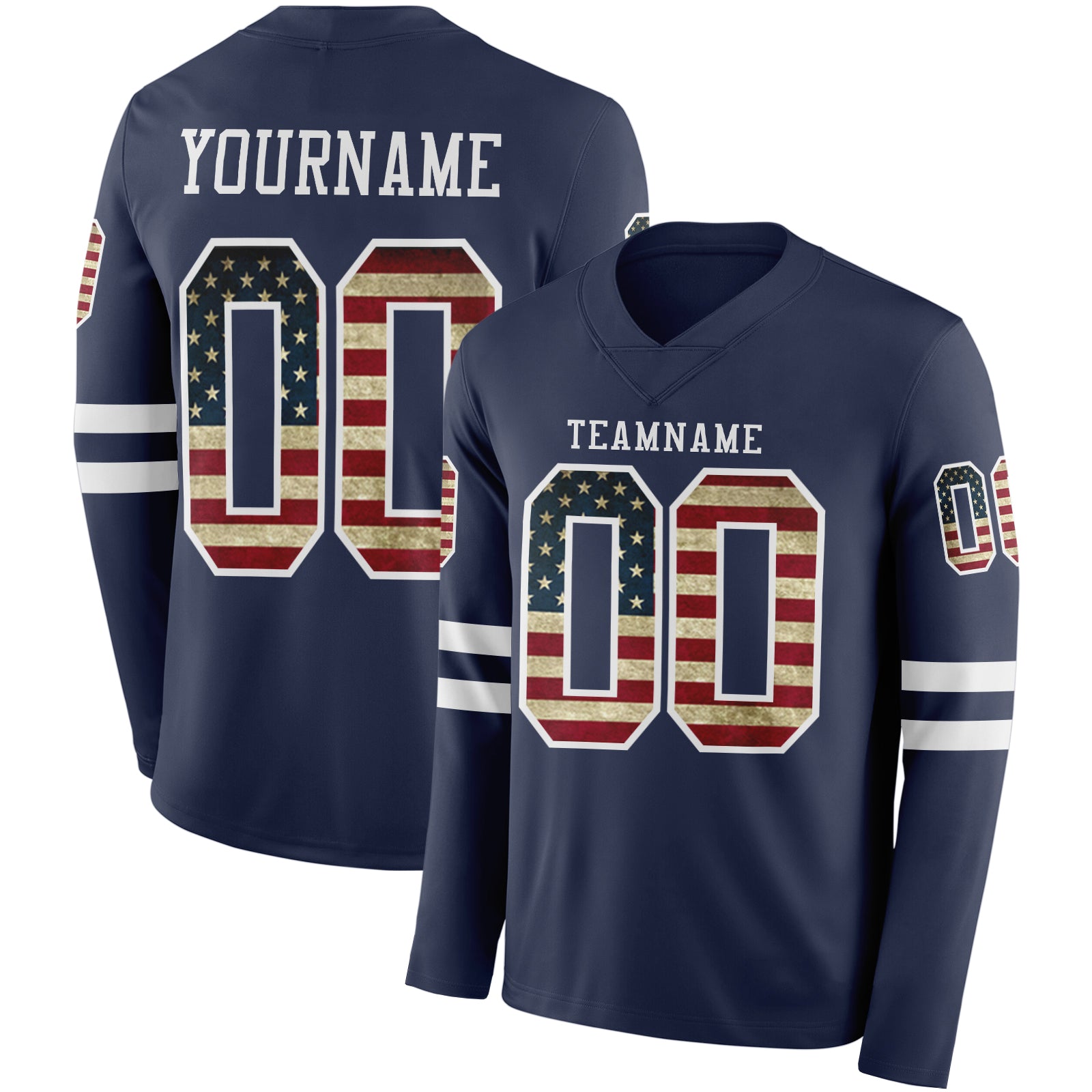 Custom Navy Vintage USA Flag-White Long Sleeve Authentic Football Jersey