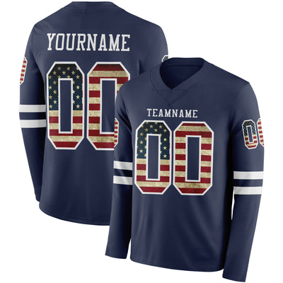 Custom Navy Vintage USA Flag-White Long Sleeve Authentic Football Jersey