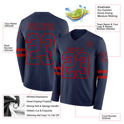 Custom Navy Red Long Sleeve Authentic Football Jersey