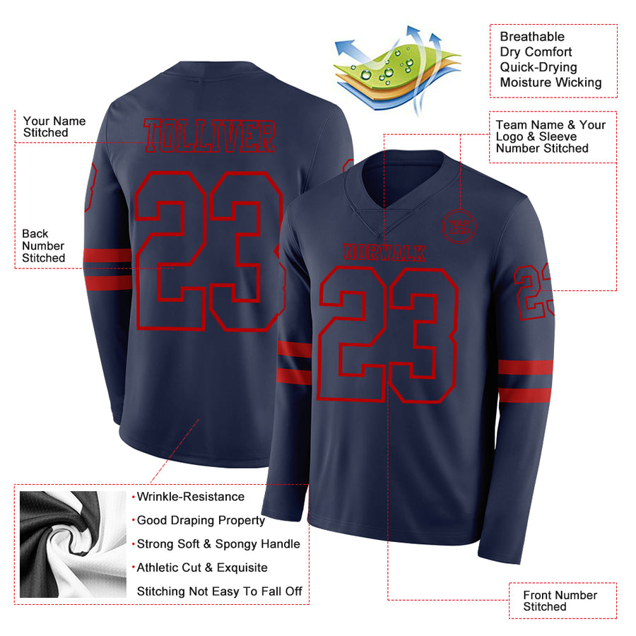 Custom Navy Red Long Sleeve Authentic Football Jersey