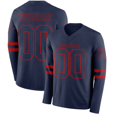 Custom Navy Red Long Sleeve Authentic Football Jersey