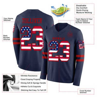 Custom Navy USA Flag-Red Long Sleeve Authentic Football Jersey