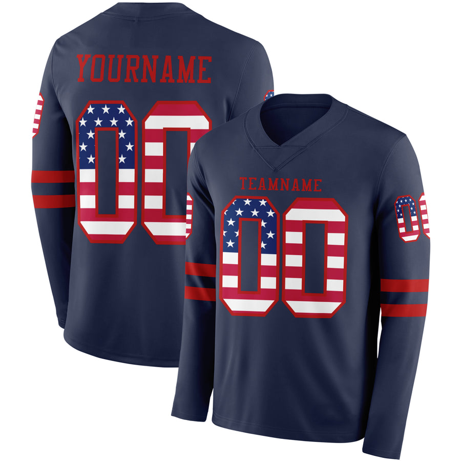 Custom Navy USA Flag-Red Long Sleeve Authentic Football Jersey