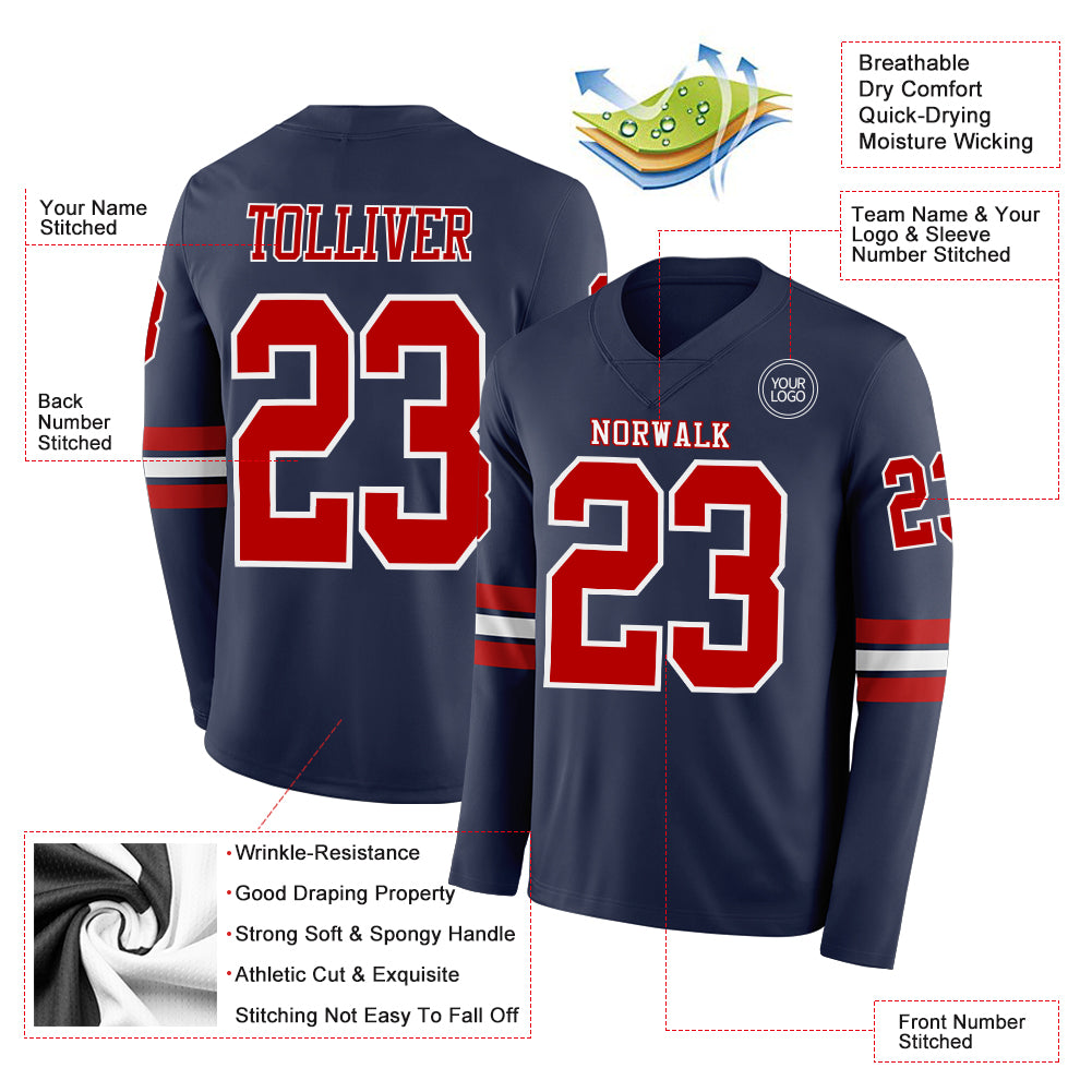 Custom Navy Red-White Long Sleeve Authentic Football Jersey