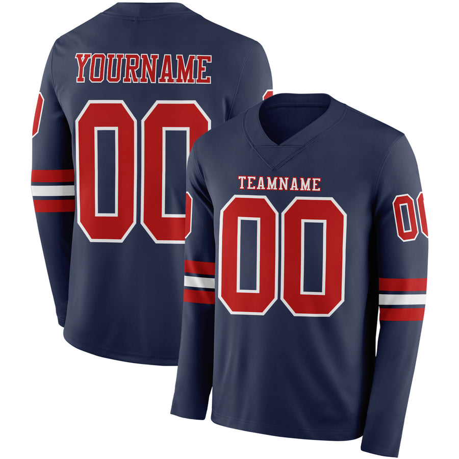 Custom Navy Red-White Long Sleeve Authentic Football Jersey