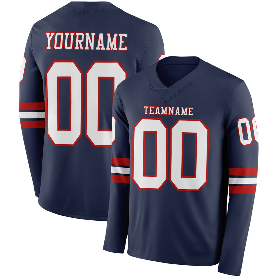 Custom Navy White-Red Long Sleeve Authentic Football Jersey