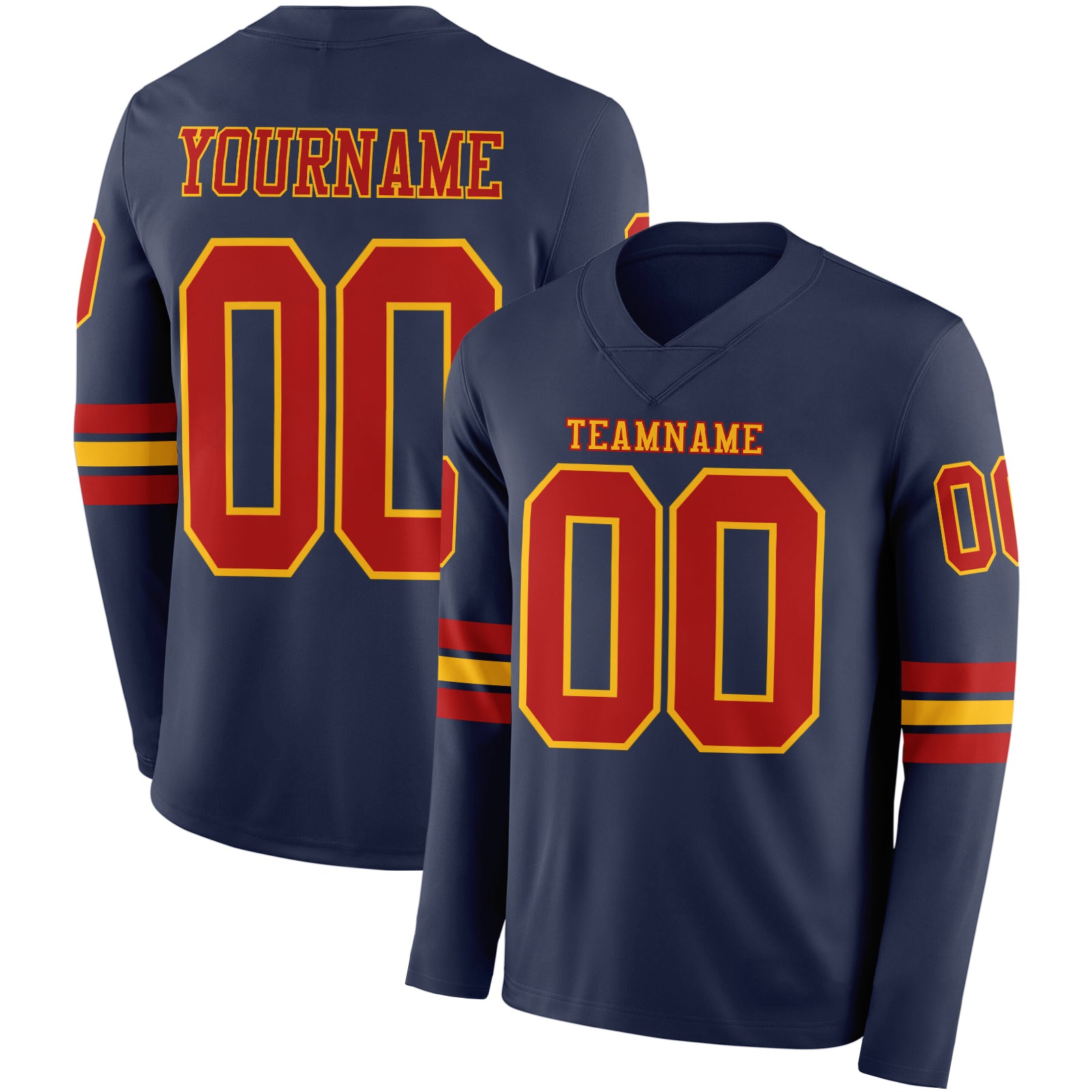 Custom Navy Red-Gold Long Sleeve Authentic Football Jersey