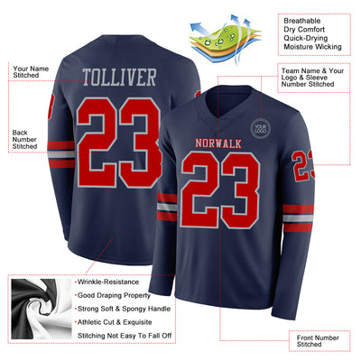 Custom Navy Red-Gray Long Sleeve Authentic Football Jersey