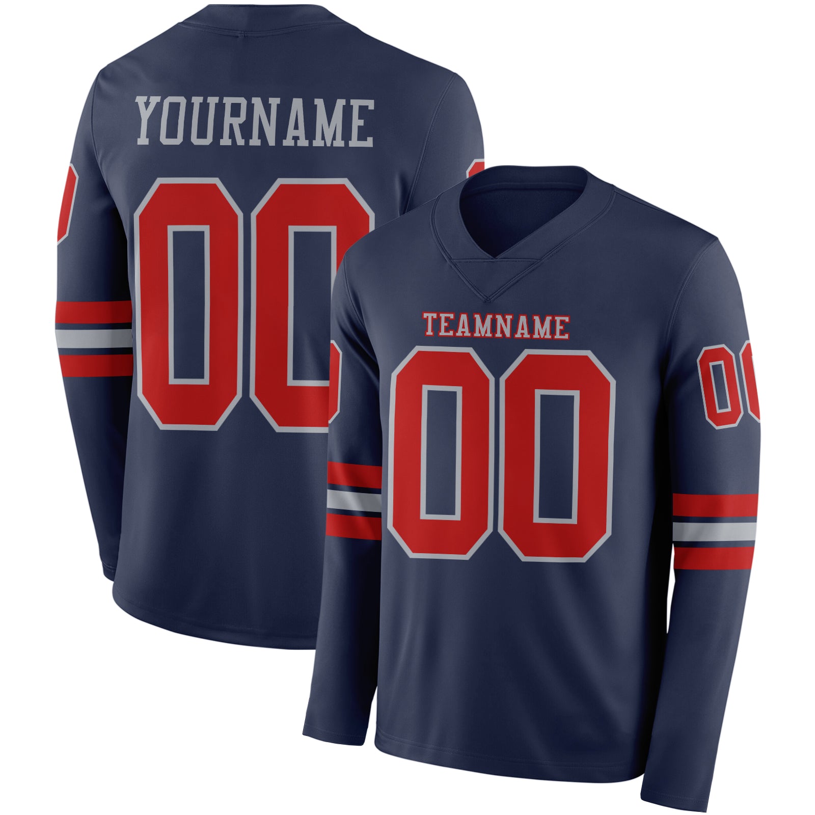 Custom Navy Red-Gray Long Sleeve Authentic Football Jersey