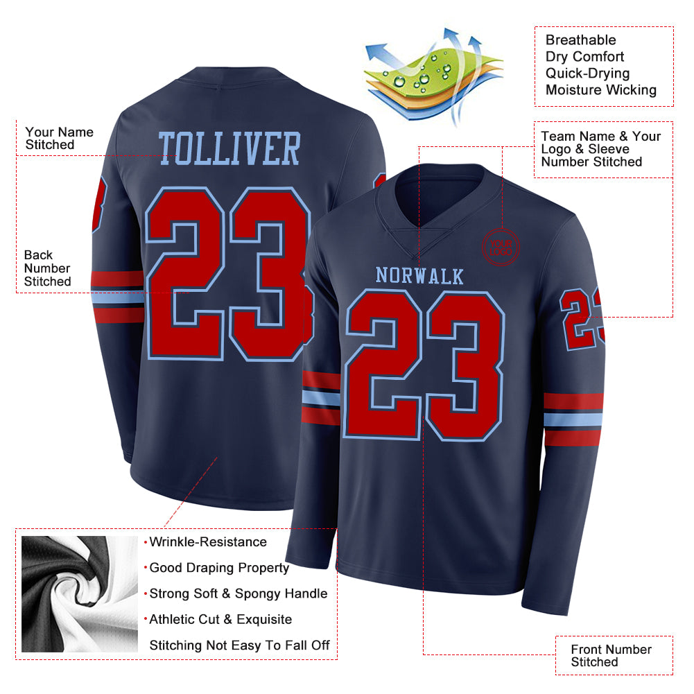Custom Navy Red-Light Blue Long Sleeve Authentic Football Jersey